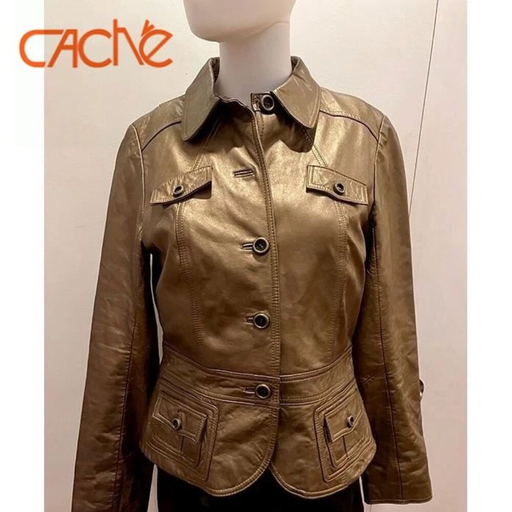Caché vintage 90s bronze gold genuine metallic leather jacket, S 10